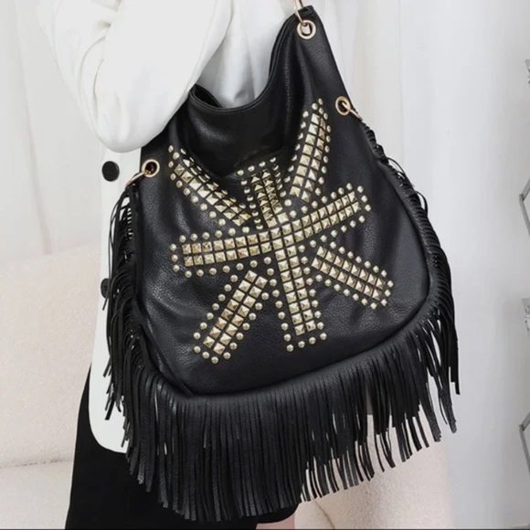 Leather Fringe Black Leather Bag with Gold Details NWT Crossbody or Shoulder